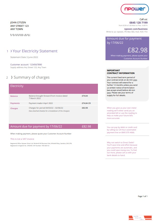 United Kingdom Npower utility bill, Word and PDF template